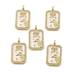 Овен Подвески из латуни микропаве с фианитами и эмалью, созвездие с прямоугольником, стойки покрытие, долговечный, без свинца и без кадмия, реальный 18 k позолоченный, Овен, 25x14.5x4 мм, отверстие : 3.5x2.5 мм