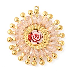 Pink 304 подвески из нержавеющей стали, цветочный шарм, со стеклом и смолой, реальный 18 k позолоченный, граненые, розовые, 40.5x38x7.5 мм, отверстие : 1.6 мм