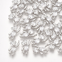 Clear Brass Cubic Zirconia Charms, Bear, Clear, Real Platinum Plated, 12x6x3mm, Hole: 1mm