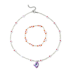 Red Acrylic and Glass Seed Heart Beaded Stretch Bracelet & Pendant Necklace, Jewelry Sets, Red, 2-1/8 inch(5.5cm), 16-3/8 inch(41.5cm)