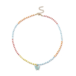 Colorful Resin Butterfly Pendant Necklaces, Glass Beaded Necklace with 304 Stainless Steel Lobster Claw Clasps & Extender Chain, for Women, Colorful, 17 inch(43.3cm)