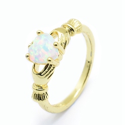 Golden Synthetic Opal Finger Rings, with Cubic Zirconia and Brass Findings, Long-Lasting Plated, Irish Heart, Size 7, White, Golden, 17mm