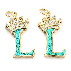 Letter L Латунные микропаве прозрачные подвески с фианитом, с синтетическим опалом, реальный 18 k позолоченный, с целью перехода в кольце, Письмо L, 26.5~33x14~23.5x3.5~4.5 мм, отверстие : 4.5 мм