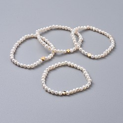 White Stretch Bracelets, with Brass Beads, Grade A Natural Freshwater Pearl Beads and Burlap Packing Pouches Drawstring Bags, White, 2-1/8 inch(5.4cm)