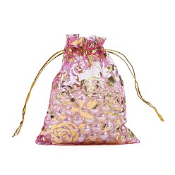 Orchid Rose Printed Organza Bags, Gift Bags, Rectangle, Orchid, 12x10cm