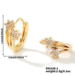 Золотой Шикарные модные цветочные хип-хоп серьги-кольца из латуни, со стразами, золотые, 15x9 мм