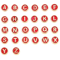 Rot Legierung Emaille-Perlen, flach rund mit Brief, Licht Gold, rot, 8x3.5 mm, Bohrung: 1.4 mm, 100 Stück / Beutel