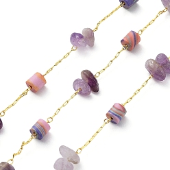 Real 18K Gold Plated Natural Amethyst Chips & Column Beaded Chains, with Brass Findings, Soldered, with Spool, Real 18K Gold Plated, 4x4mm, 4~9x3~4x2~7mm, about 32.81 Feet(10m)/Roll