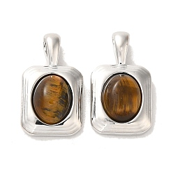 Platinum Natural Tiger Eye Pendants, Brass Rectangle Charms, Platinum, 19x11x6mm, Hole: 4x2mm