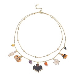 Colorful Brass Satellite Chains Double Layer Necklace, Skeleton & Pumpkin & Bat Alloy Enamel Charms Halloween Necklace for Women, Colorful, 15.75 inch(40cm)
