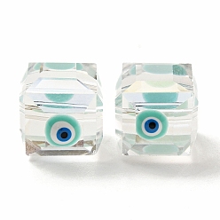 Аквамарин Прозрачные стеклянные бусины, с эмалью, граненые, куб с рисунком от сглаза, аквамарин, 10~11x9x10 мм, отверстие : 1.6 мм