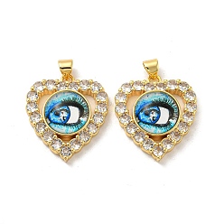 Light Sky Blue Real 18K Gold Plated Brass Pendants, with Glass and Acrylic, Heart with Evil Eye Charms, Light Sky Blue, 26x22.5x7mm, Hole: 4.5x3.5mm