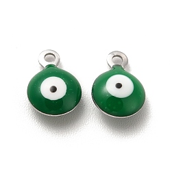 Green 304 Stainless Steel Evil Eye Enamel Charms, Flat Round Charm, Stainless Steel Color, Green, 7.5x6x3mm, Hole: 1mm