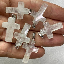 Quartz Crystal Natural Quartz Crystal Pendants, Rock Crystal Pendants, with Platinum Tone Brass Findings, Cross, 25x18mm