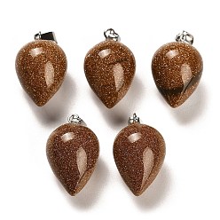 Goldstone Synthetic Goldstone Pendants, with Platinum Plated Iron Snap on Bails, Teardrop, 24~25x15~16mm, Hole: 7x3.5mm