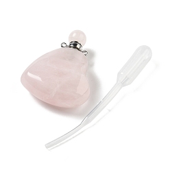 Розовый Кварц Кулоны для духов из натурального розового кварца, для эфирного масла, духи, с латунными наконечниками и пипетками платинового цвета, сердце, 42x29~32x12~12.5 мм, отверстие : 1.5~1.8 мм