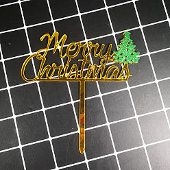 Gold Acrylic Mirror Cake Toppers, Cake Inserted Cards, Christmas Themed Decorations, Word Merry Christmas, Gold, 110x1.8mm