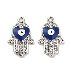 Bleu Royal Platine plaqué pendentifs en émail d'alliage, avec strass, plaqué longue durée, Main de Hamsa avec breloque cœur et mauvais œil, bleu royal, 22.5x14.5x3mm, Trou: 2mm