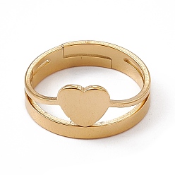 Real 18K Gold Plated Ion Plating(IP) 201 Stainless Steel Heart Adjustable Ring for Women, Real 18K Gold Plated, US Size 6 1/4(16.7mm)