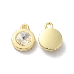 Clear Alloy Pendant, with Glass, Light Gold, Lead Free & Cadmium Free, Falt Round Charm, Clear, 12.5x10x4mm, Hole: 1.5mm