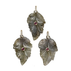 Labradorite Natural Labradorite Pendants, Leaf Charms, with Brass Pave Cubic Zirconia Findings, Golden, 39~40x24.5~26x5.5~7mm, Hole: 5.5x7mm