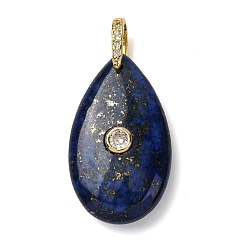 Ляпис-Лазурь Природный лазурит подвески, Подвески в форме капли с латунными микропаве из прозрачных кубических цирконий в качестве застежек., золотые, 34.5x20x9 мм, отверстие : 5.5x5.5 мм