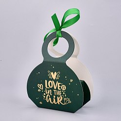 Dark Green Handbag Shape Candy Packaging Box, Wedding Party Gift Box, with Ribbon, Boxes, Word LOVE Is In the Air Pattern, Dark Green, 3.5xx9.7x13.2cm, Unfold: 29.8x25.2x0.03cm, Ribbon: 40.4x1cm