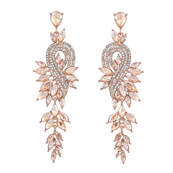 Light Peach Sparkling Rhinestone Leafy Branch Dangle Stud Earrings, Golden Alloy Long Drop Earrings for Women, Light Peach, 95x30mm