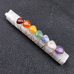 Mixed Stone Chakra Jewelry, Natural Selenite Home Decorations, Brass Wire Wrapped Natural Gemstone Display Decorations, Rectangle, 70~100x13~20mm