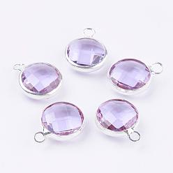 Alice Blue Silver Color Plated Brass Glass Flat Round Charms, Faceted, Alice Blue, 12x8.5x3mm, Hole: 1.5mm