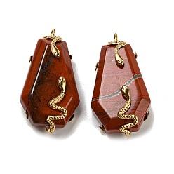 Red Jasper Natural Red Jasper Pendants, with Ion Plating(IP) Stainless Steel Color Plated 304 Stainless Steel Snake Findings, Hexagon, 37x20x12.5mm, Hole: 3.5mm