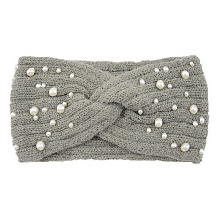 Dark Gray Acrylic Fiber Knitted Yarn Warmer Headbands, with Plastic Imitation Pearl, Soft Stretch Thick Cable Knit Head Wrap for Women, Dark Gray, 210x110mm