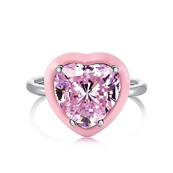 Pink Rhodium Plated 925 Sterling Silver Finger Rings, Birthstone Ring, Real Platinum Plated, with Enamel & Cubic Zirconia for Women, Heart, Pink, US Size 6(16.5mm)