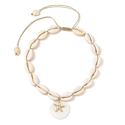 Beige Summer 304 Stainless Steel Starfish and Natural Freshwater Shell Carved Pendant Necklaces, Natural Cowrie Shell Braided Bead Necklaces, with Turtle Synthetic Turquoise Beads, Beige, Golden, 9.25~14.57 inch(23.5~37cm), Pendant: 23~38x20.5~37.5x2~2.5mm