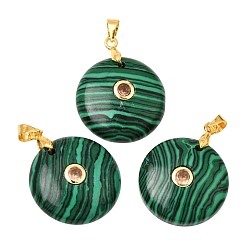 Malachite Synthetic Malachite Pendants, Coin Charms with Brass Pave Cubic Zirconia Findings, Golden, 27x21x5mm, Hole: 4x3.5mm