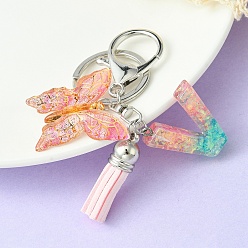 Letter V Resin & Acrylic Keychains, with Alloy Split Key Rings and Faux Suede Tassel Pendants, Letter & Butterfly, Letter V, 8.6cm
