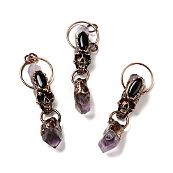 Mixed Stone Natural Amethyst & Black Onyx Nuggets Big Pendants, Large Hole Pendants, with Red Copper Tone Brass Findings, Cadmium Free & Lead Free, Skull with Bullet, Mixed Dyed and Undyed, 89~94x28.5~29x18~20mm, Hole: 7mm