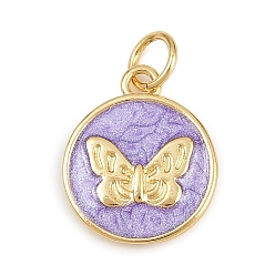 Лиловый Латунь эмаль прелести, плоский круглый с подвесками в виде бабочек, стойки покрытие, без кадмия и без свинца, долговечный, реальный 18 k позолоченный, с целью перехода в кольце, сирень, 15x12.5x2.5 мм, отверстие : 3.5 мм