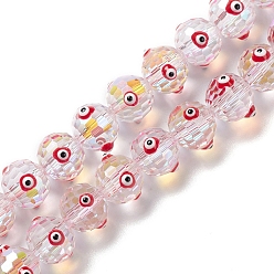 Red Transparent Evil Eye Glass Beads Strands, with Enamel, Faceted, Round, Red, 10.5~11x9mm, Hole: 1.6mm, about 40pcs/strand, 13.86''~14.06''(35.2~35.7cm)