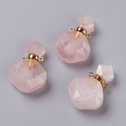 Rose Quartz Rhombus Natural Rose Quartz Perfume Bottle Pendants, with 304 Stainless Steel Findings, Faceted, Golden, 26~27x17~17.5x8~8.5mm, Hole: 1.4mm, Capacity: about 2ml(0.06 fl. oz)