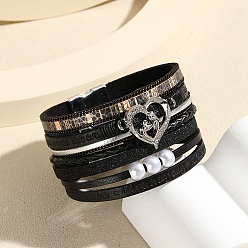 Black Heart Link Leather Multi-strand Bracelets, Word Bracelet with Magnetic Clasp for Mother's Day, Black, 7-7/8 inch(20cm)