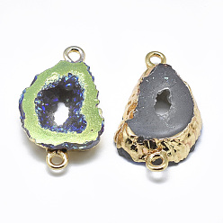 Lawn Green Electroplate Druzy Resin Links connectors, with Iron Findings, Nuggets, Light Gold, Lawn Green, 26x15~16x6~7mm, Hole: 1mm