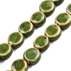 Olive Drab Handmade Porcelain Ceramic Beads Strands, Famille Rose Style, Flat Round, Olive Drab, 12x7mm, Hole: 2mm, about 28~29pcs/strand, 12.28~12.72 inch(31.2~32.3cm)