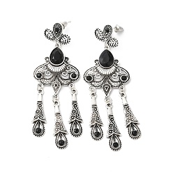 Noir Boucles d'oreilles lustre en résine, Boucles d'oreilles à pampilles en forme de larme en alliage d'argent antique pour femmes, noir, 78mm, pin: 0.8 mm