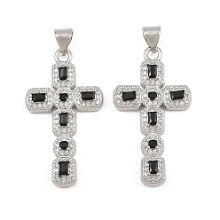 Noir Micro cuivres ouvrent pendentifs zircone cubique, breloques en forme de croix octogonale, sans cadmium et sans plomb, platine, noir, 32x17.5x4mm, Trou: 5x3mm