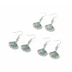 Зеленый Авантюрин Серьги-подвески с натуральным зеленым авантюрином и листьями гинкго с кристаллами и стразами, платиновые латунные украшения для женщин, 40 мм, штифты : 0.6 мм