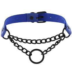 (Black circle) Royal blue Dark Punk Leather Collar Necklace with Round Rings and Chain for Street Style
