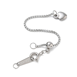 Stainless Steel Color 304 Stainless Steel Box Chain Extenders, with Clasps and Heart Charms, Stainless Steel Color, 67mm