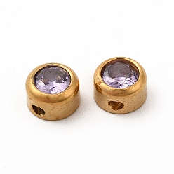 Lilac Eco-Friendly 304 Stainless Steel Beads, with Glass, Flat Round, Lilac, 6x4mm, Hole: 1.2mm