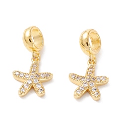 Clear Brass Cubic Zirconia European Dangle Charms, Largr Hole Pendants, Long-Lasting Plated, Real 18K Gold Plated, Starfish, Clear, 23mm, Hole: 5mm, Pendant: 14x11.5x3mm